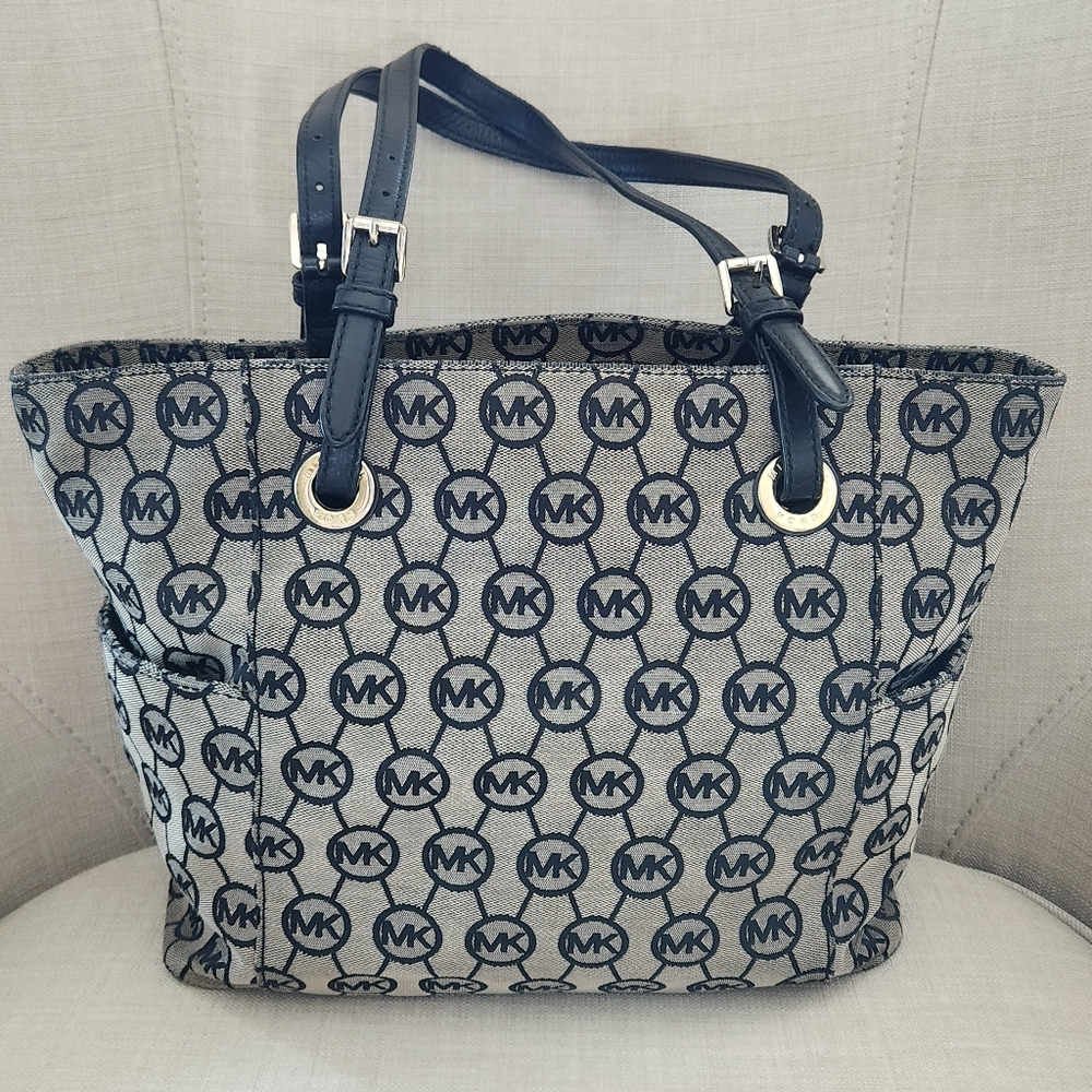 Michael Kors Jet Set MK Logo Jacquard Tote with Black Leather Straps